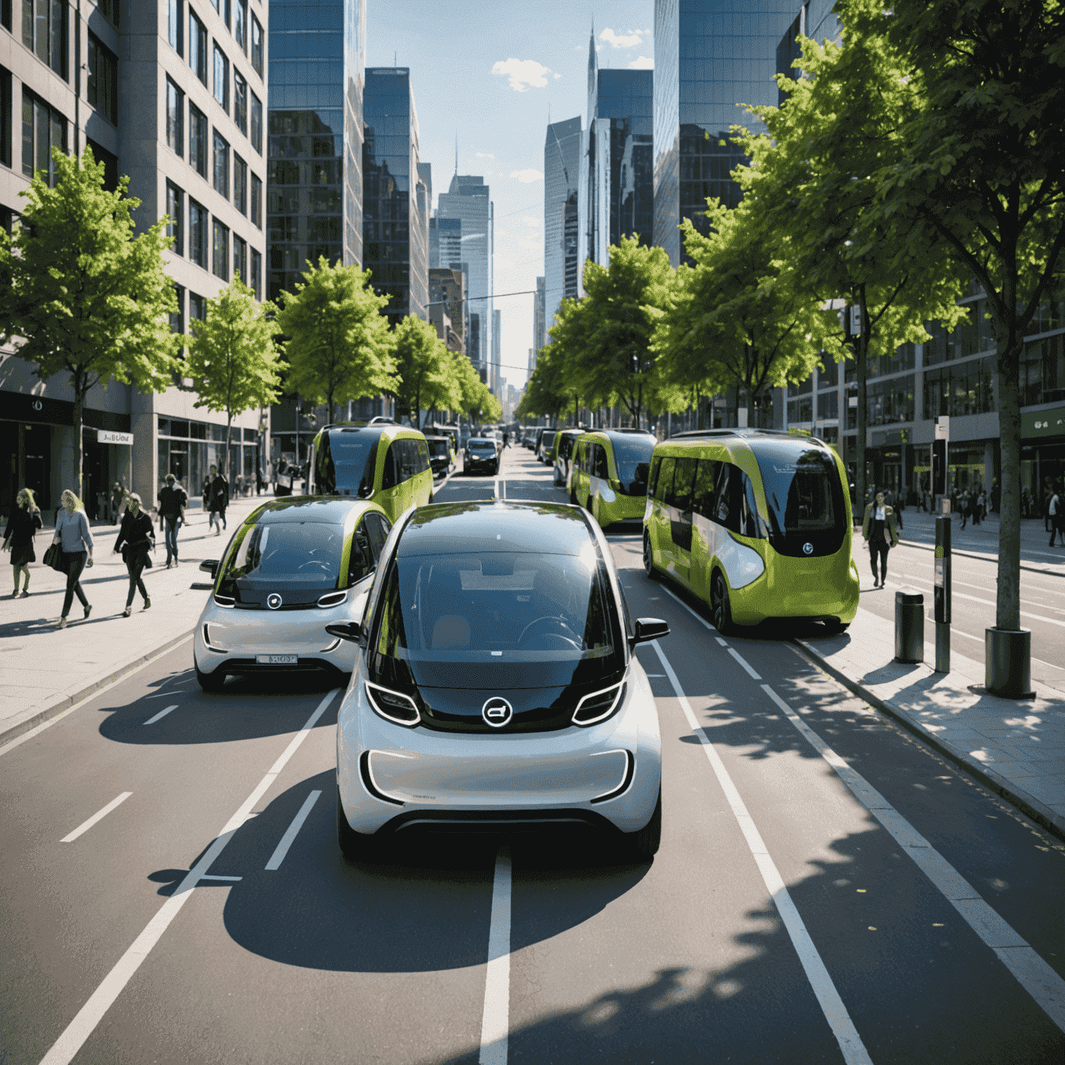 A futuristic cityscape with sleek electric vehicles, advanced charging stations, and green public transport solutions integrated seamlessly into a smart urban environment. The image showcases autonomous pods, e-bikes, and pedestrian-friendly zones, highlighting the conference's focus on sustainable and innovative mobility.