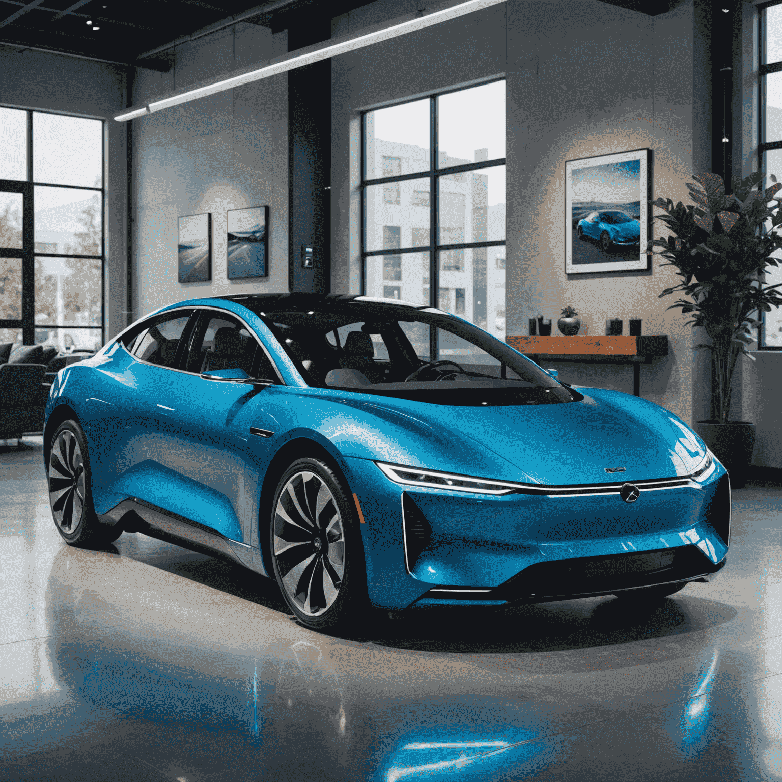 A sleek, aerodynamic electric vehicle in metallic blue color, showcasing its futuristic design with smooth curves and LED lighting accents. The car is parked in a modern, minimalist showroom with eco-friendly decor.