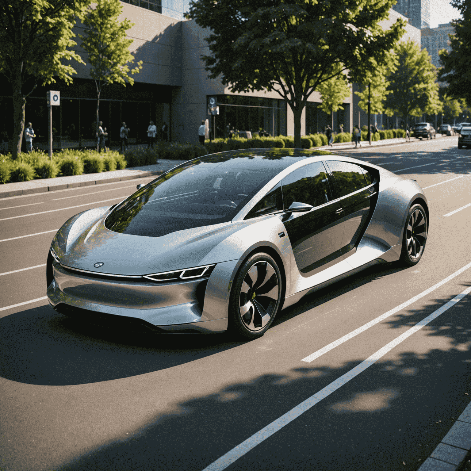 A sleek solar-powered vehicle with streamlined design, showcasing integrated solar panels on its roof and hood, parked in a futuristic urban setting with green spaces and charging stations