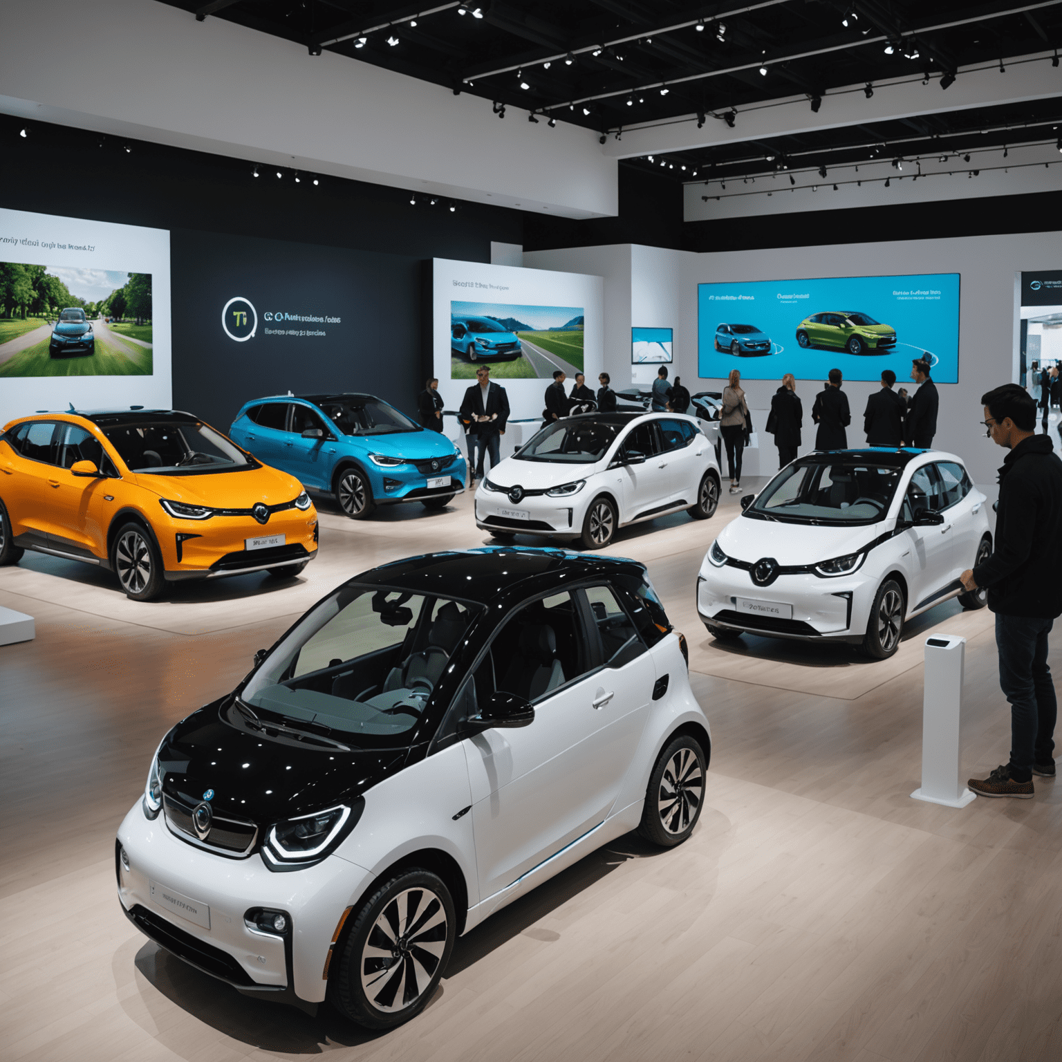 Various electric vehicles including cars, e-bikes, and e-scooters on display with interactive touchscreens and visitors exploring the vehicles