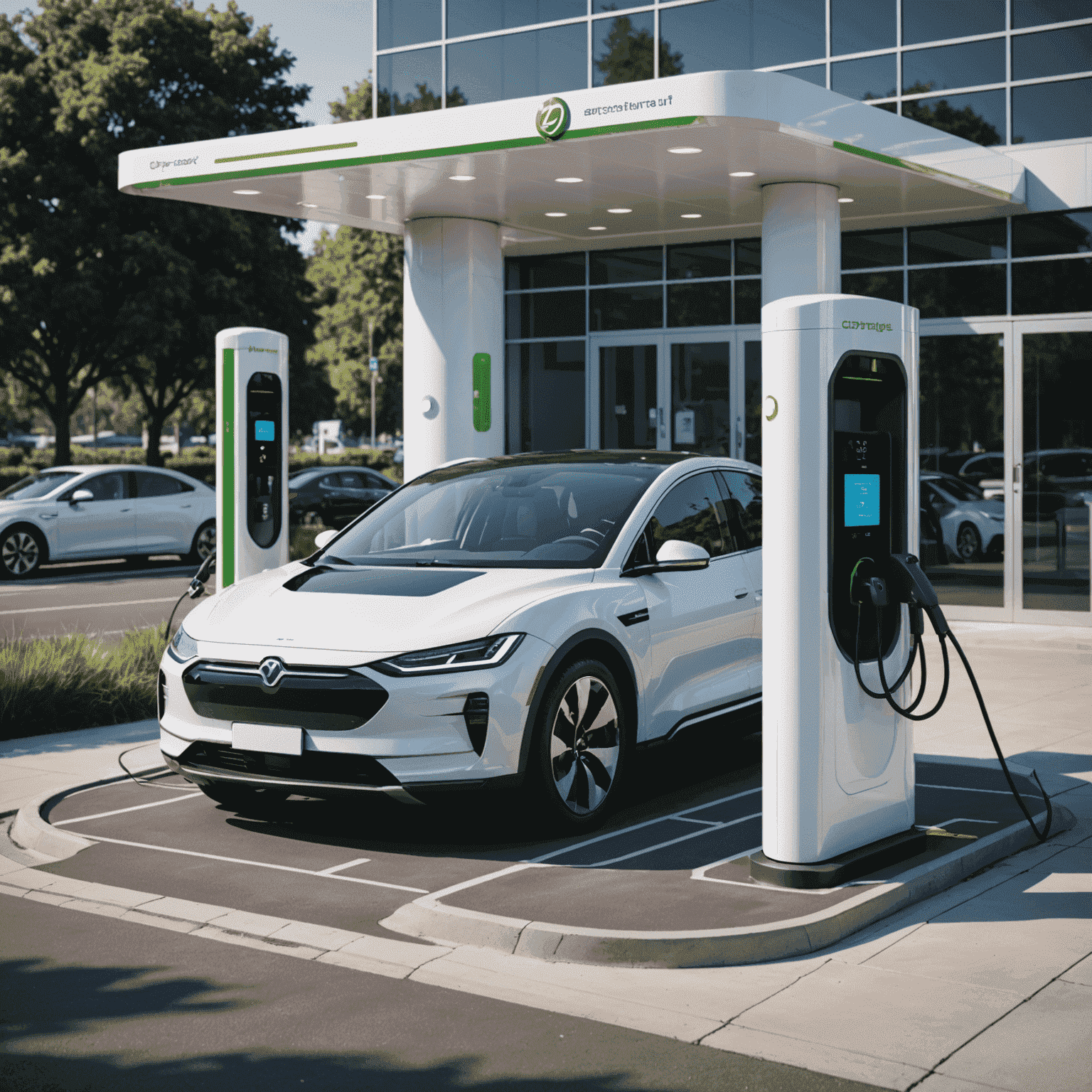 Ultra-fast EV charging station with sleek design, multiple charging ports, and an electric vehicle being charged