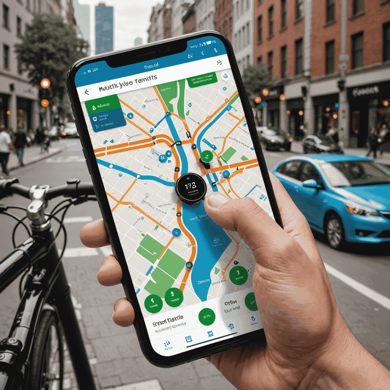 A sleek smartphone displaying a mobility-as-a-service app interface, showing various transport options like e-bikes, electric cars, and public transit on a city map