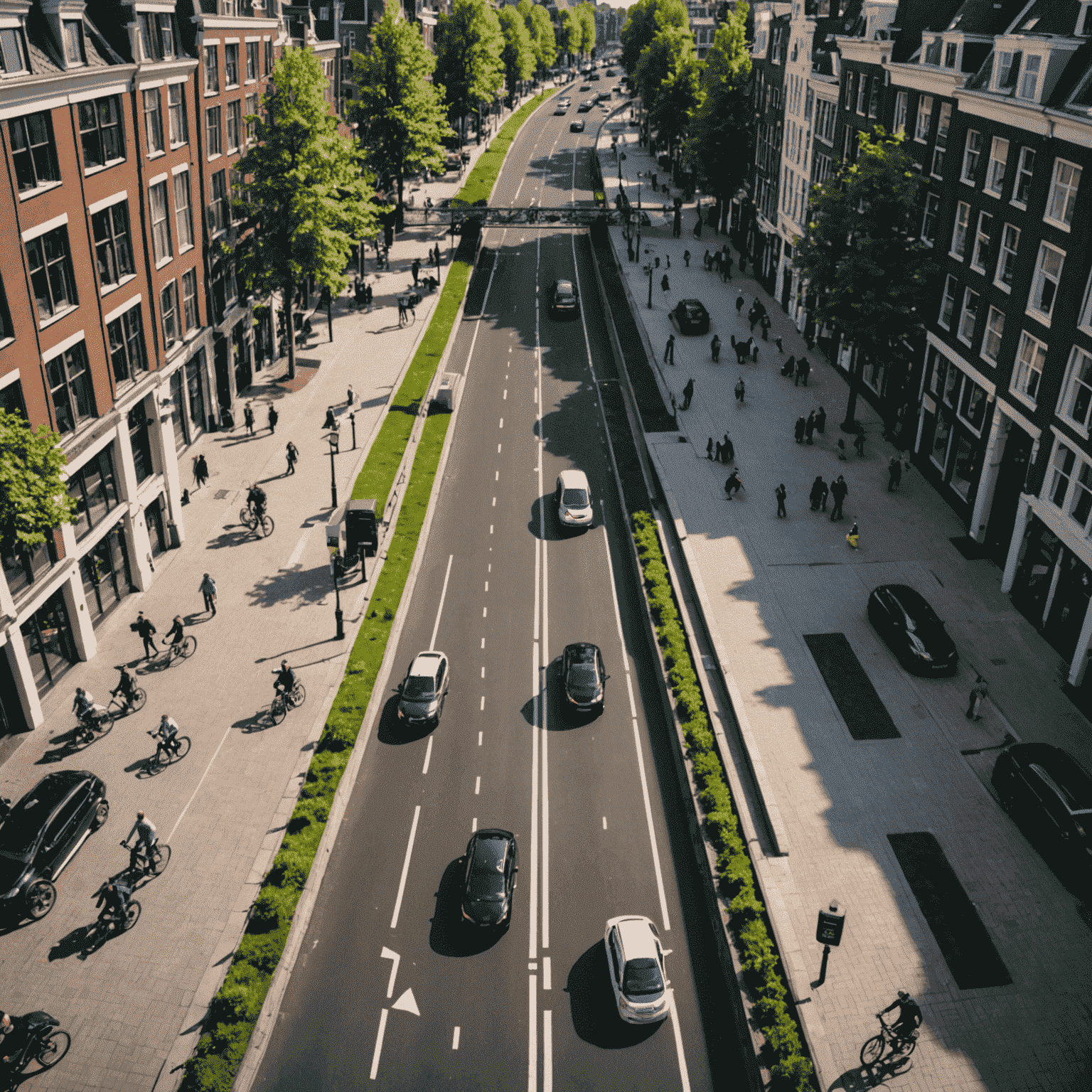 Aerial view of Amsterdam's dedicated e-bike lanes and charging stations integrated seamlessly into the city infrastructure