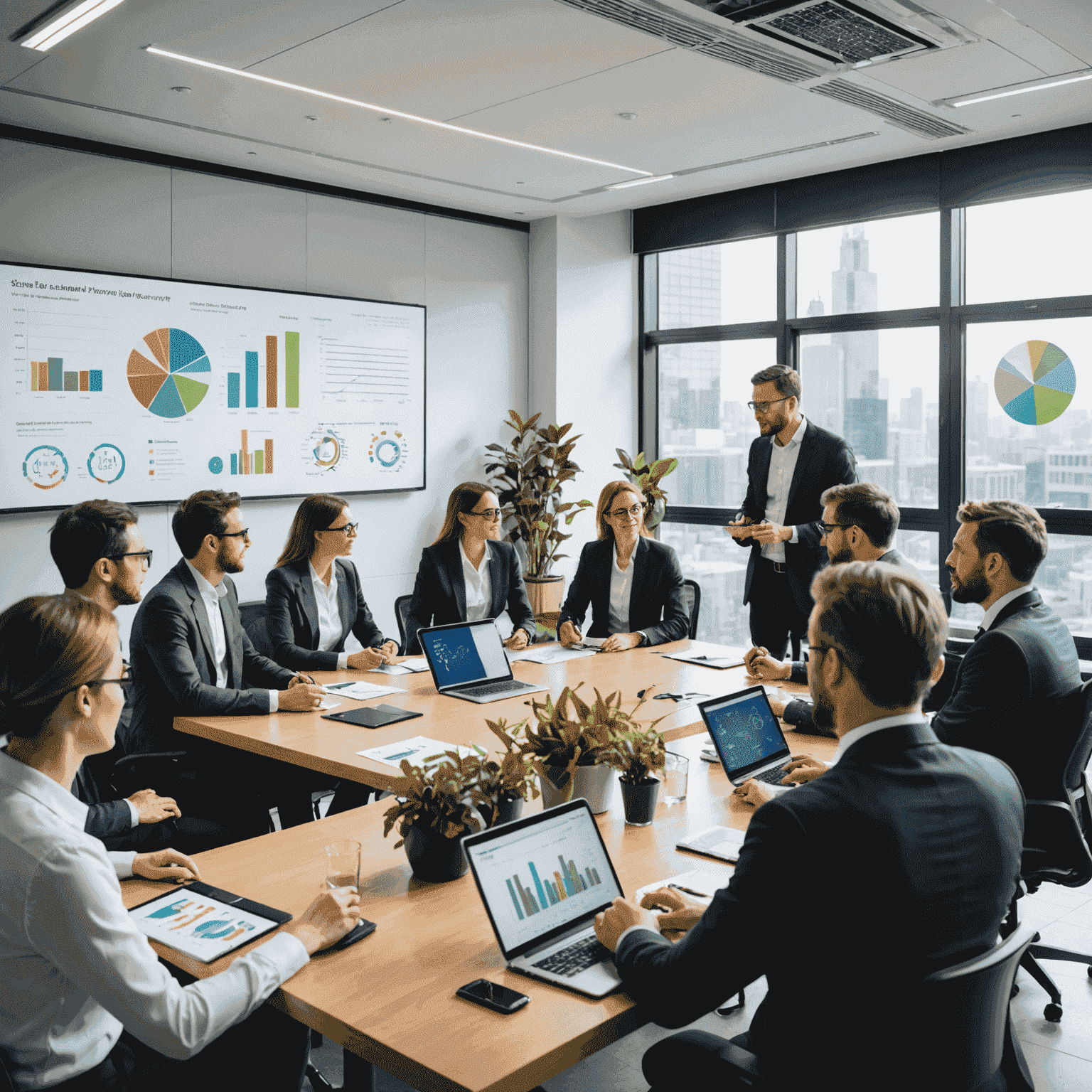 A diverse group of professionals engaged in a lively discussion around a large table. Charts and graphs related to sustainable transport policies are visible on screens in the background. The room has a modern, eco-friendly design with plants and natural light.