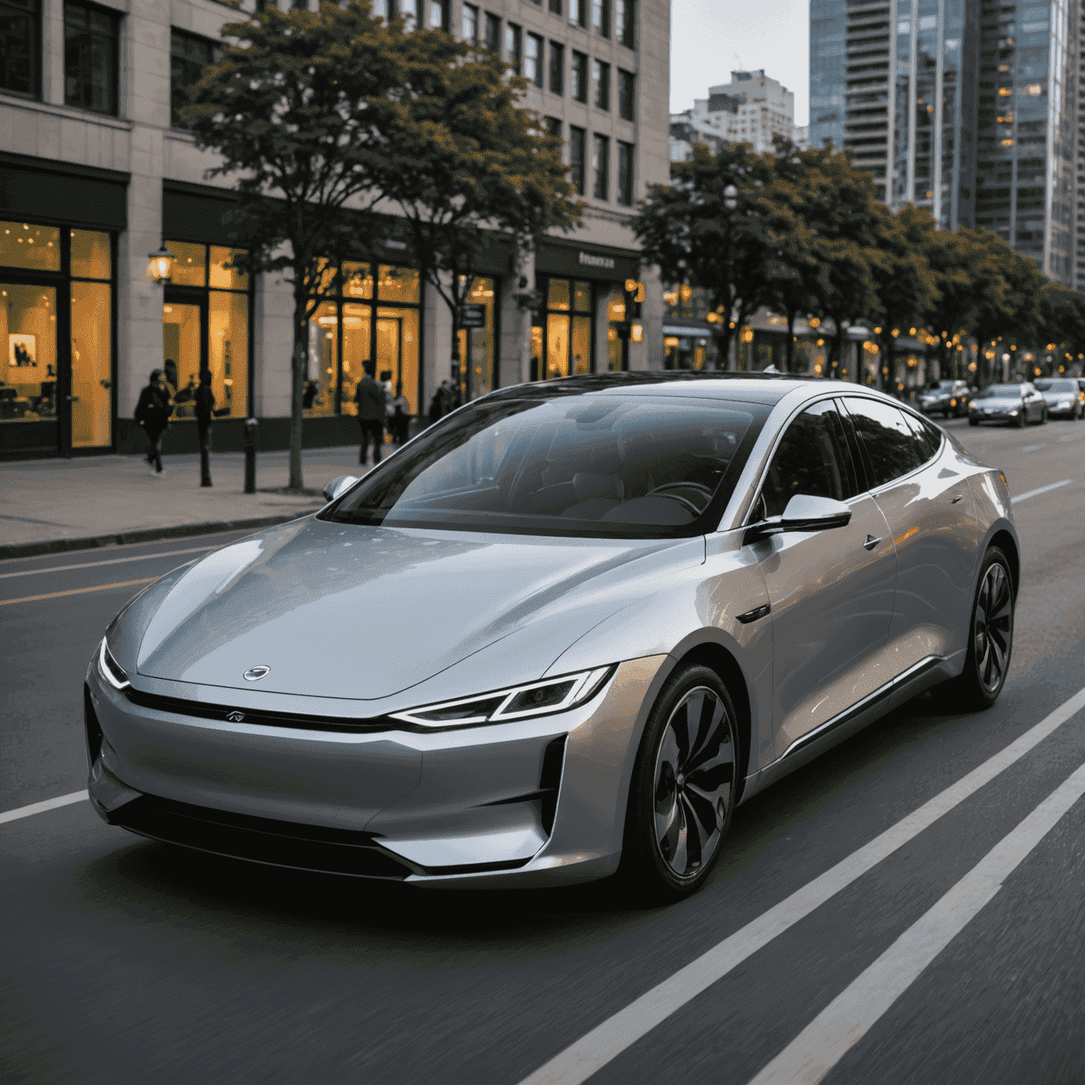 The eMove Horizon electric sedan in a striking silver finish, showcasing its aerodynamic profile and innovative LED matrix headlights. The car is displayed in an urban setting, emphasizing its suitability for city life.