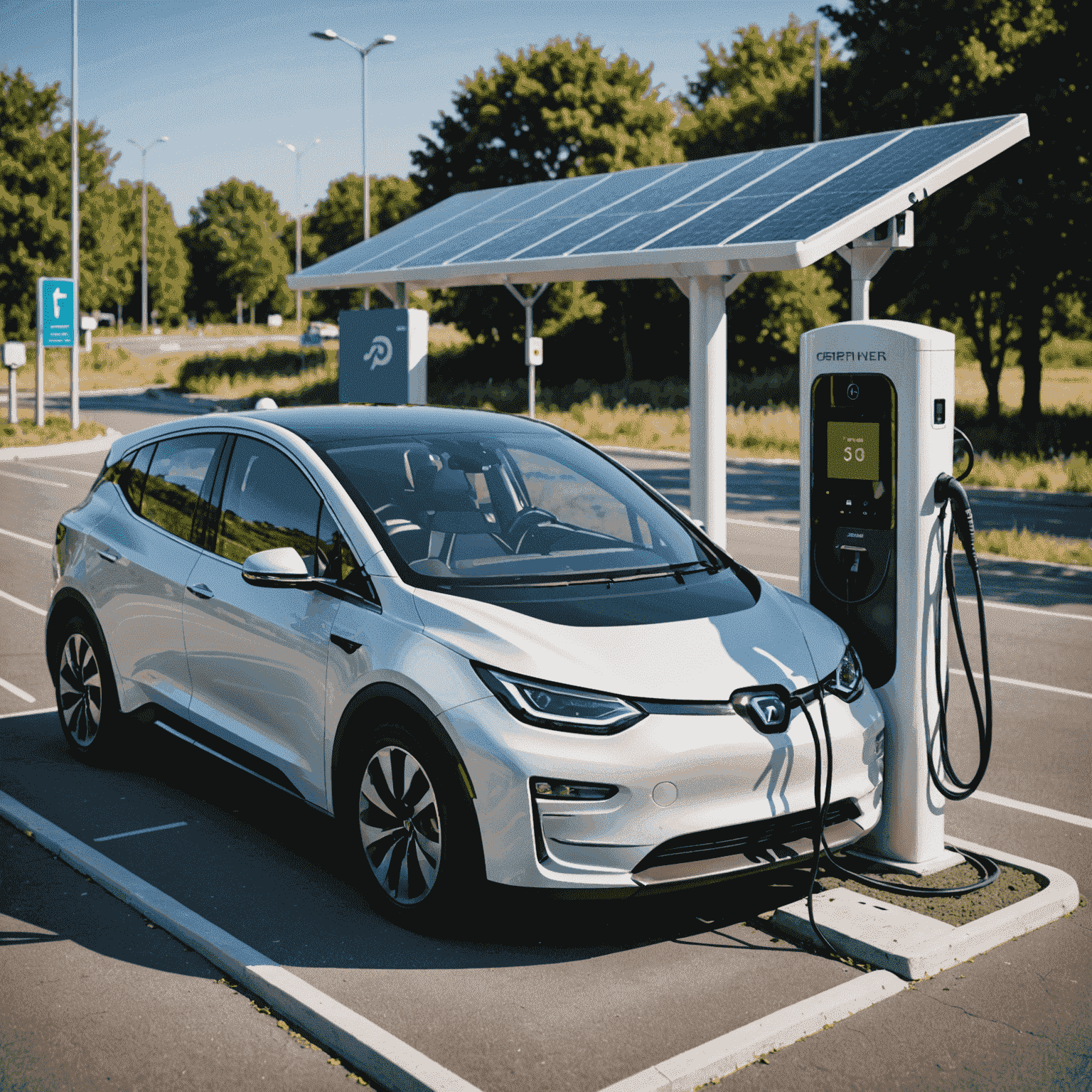 An electric vehicle charging at a sleek, modern charging station on a highway, with solar panels visible in the background and a digital display showing charging progress