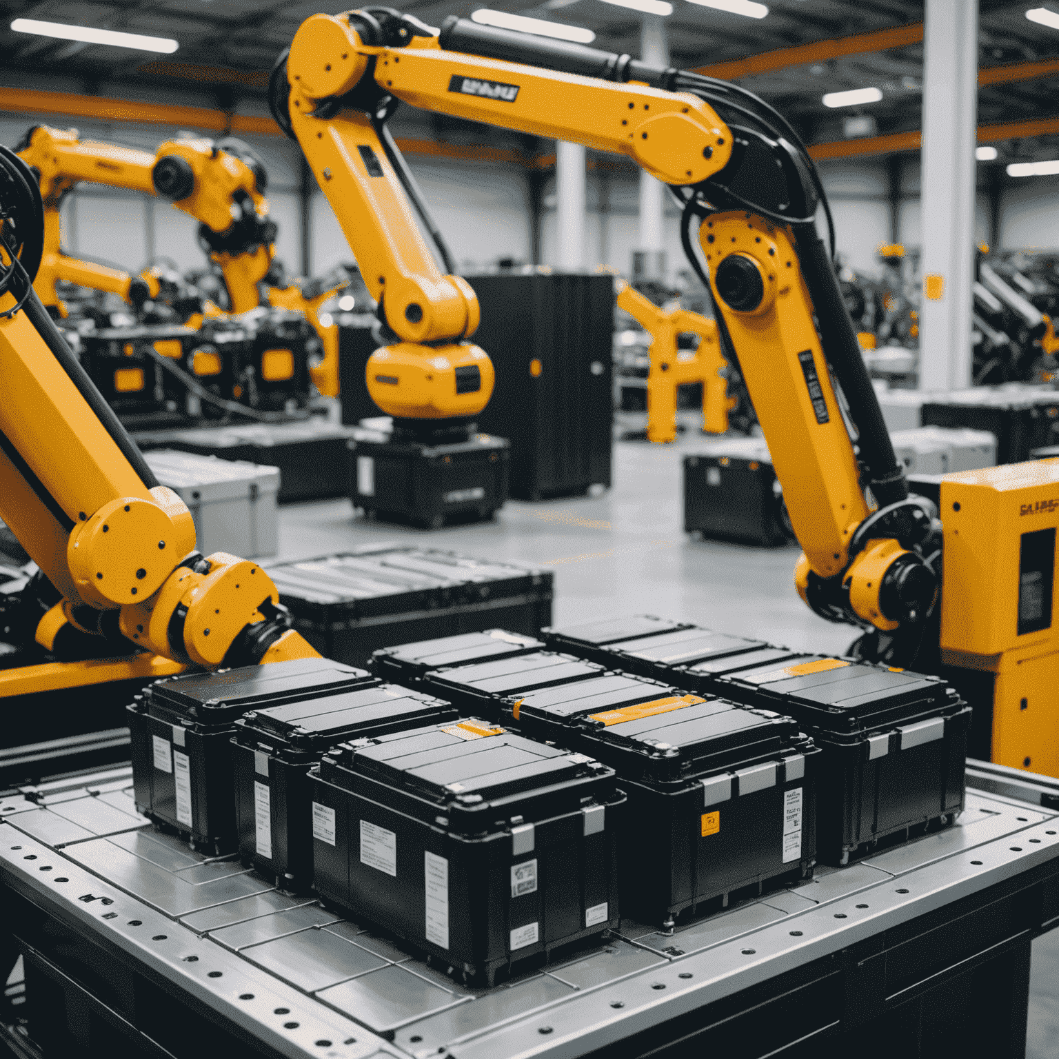 Close-up of advanced lithium-ion battery pack being disassembled by robotic arms in a high-tech recycling facility, with sorted materials visible in the background