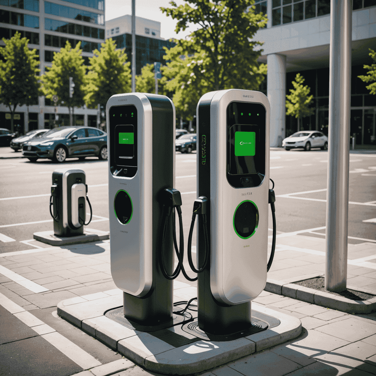 Advanced charging stations for electric vehicles, including ultra-fast chargers and wireless charging pads, in a modern urban setting