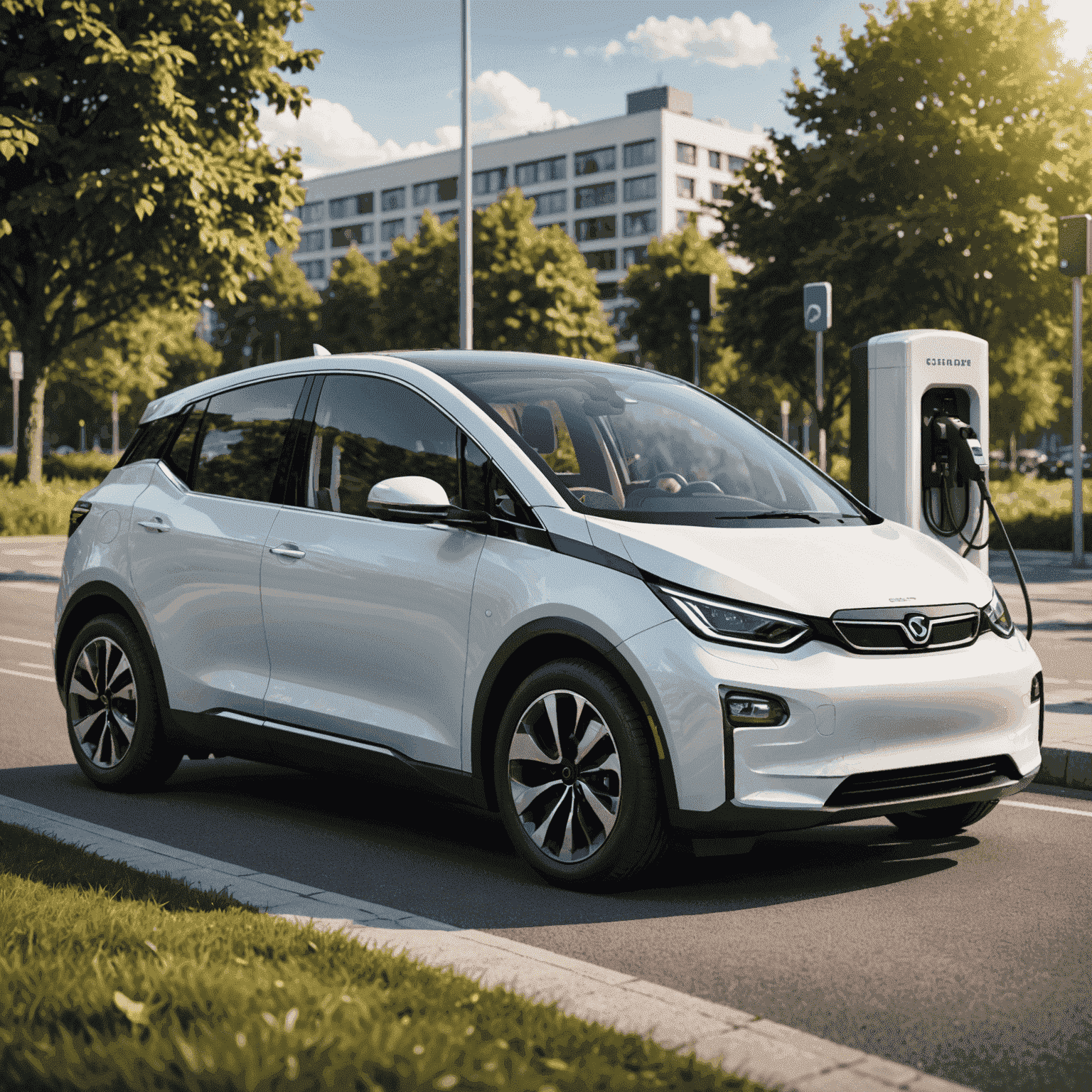 Modern electric car with charging port open, connected to a fast-charging station