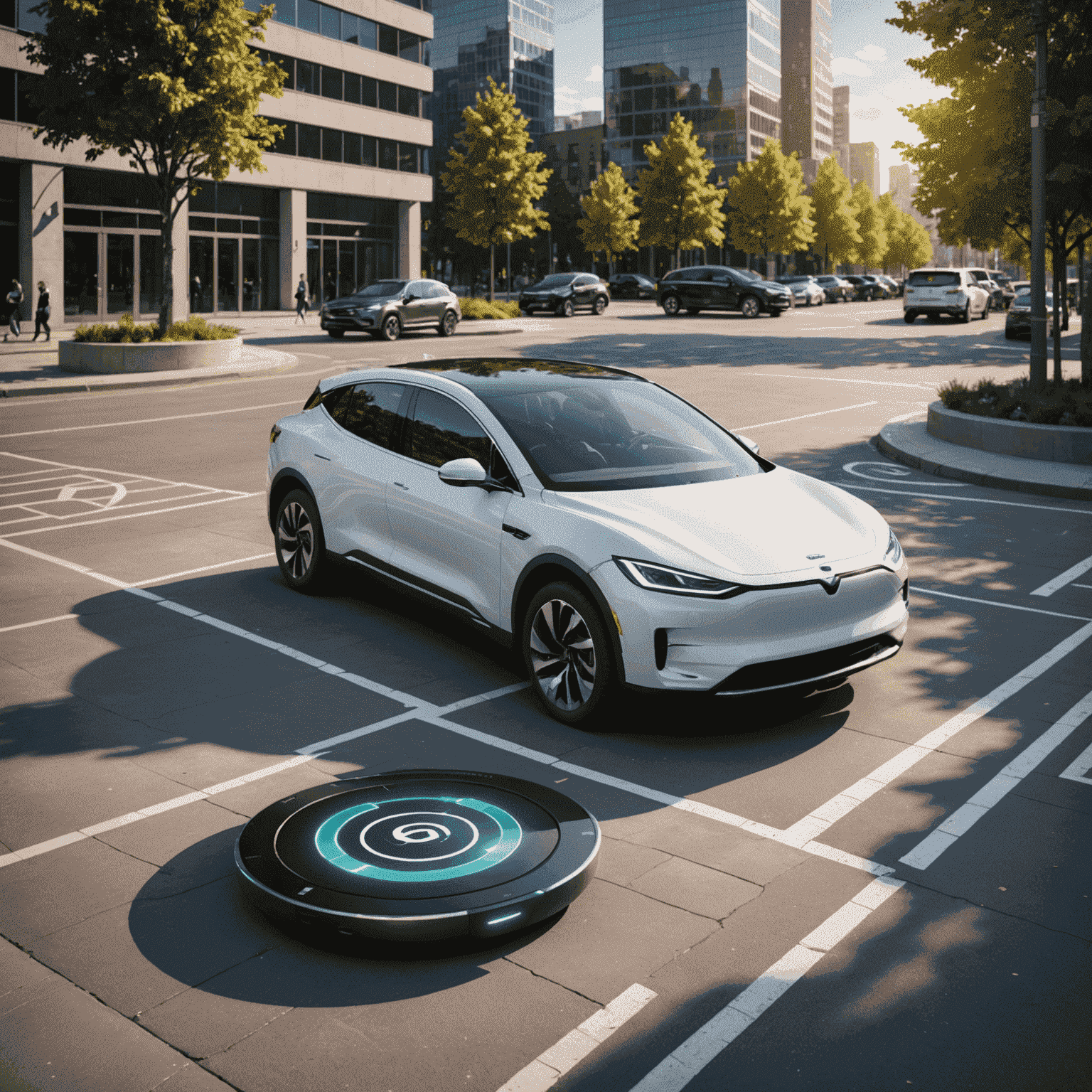 Futuristic wireless charging pad embedded in a parking space with an electric vehicle parked over it, surrounded by a modern urban landscape