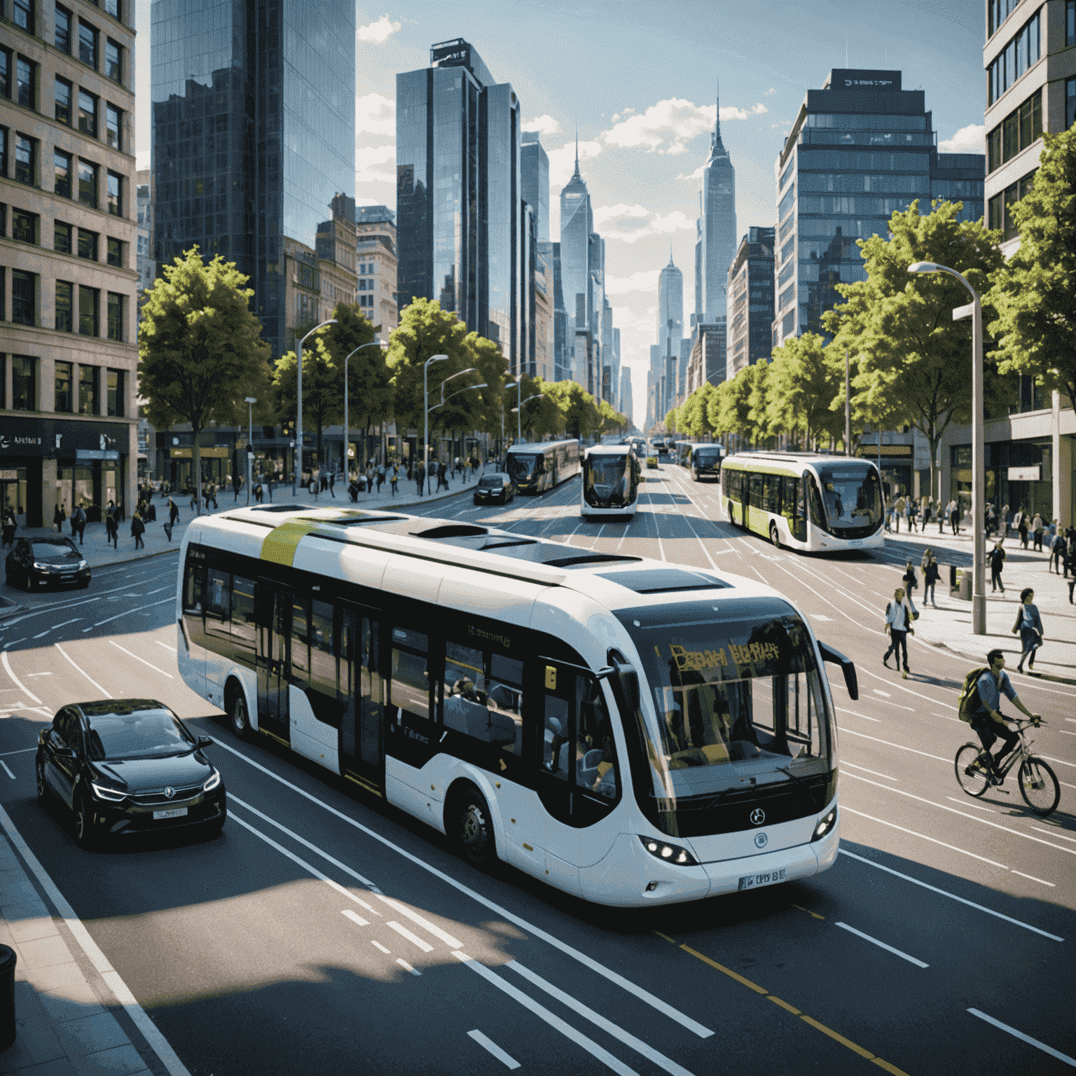 A futuristic cityscape with various eco-friendly transport modes seamlessly integrated, including electric buses, shared bikes, and autonomous vehicles, all connected through a central MaaS platform