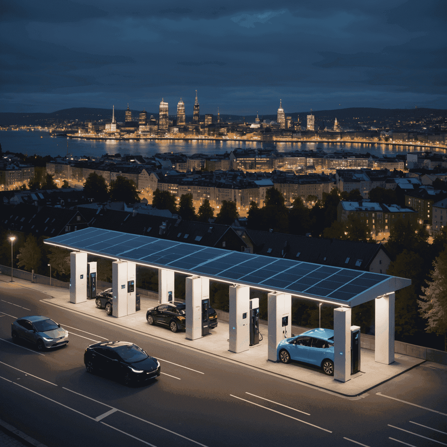 Night scene of Oslo's electric vehicle charging hubs powered by renewable energy, illuminated against the city skyline