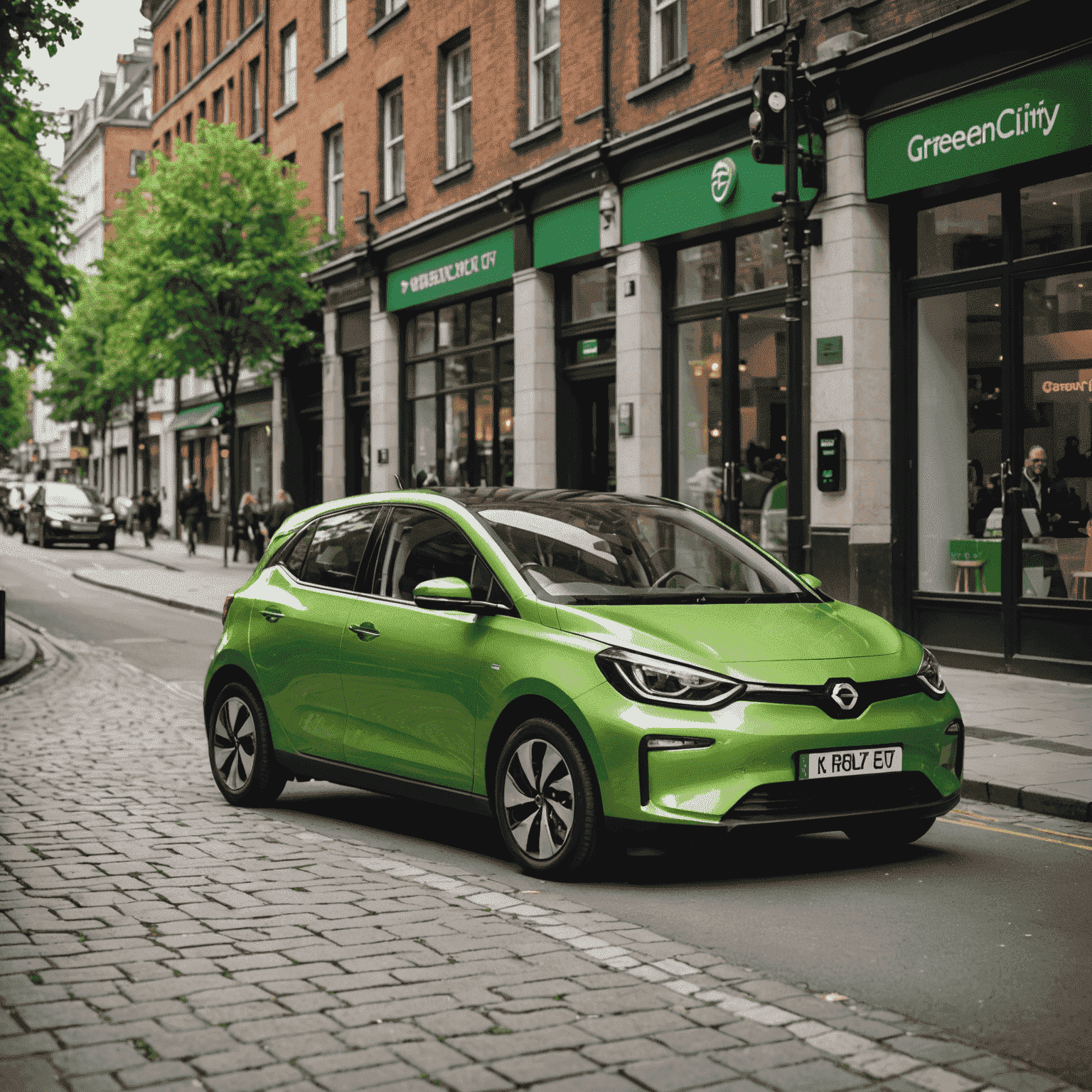 The GreenCity Pulse, a compact and modern electric hatchback in vibrant leaf green, parked in a bustling city center. The image highlights its small footprint and smart charging port, ideal for urban living.