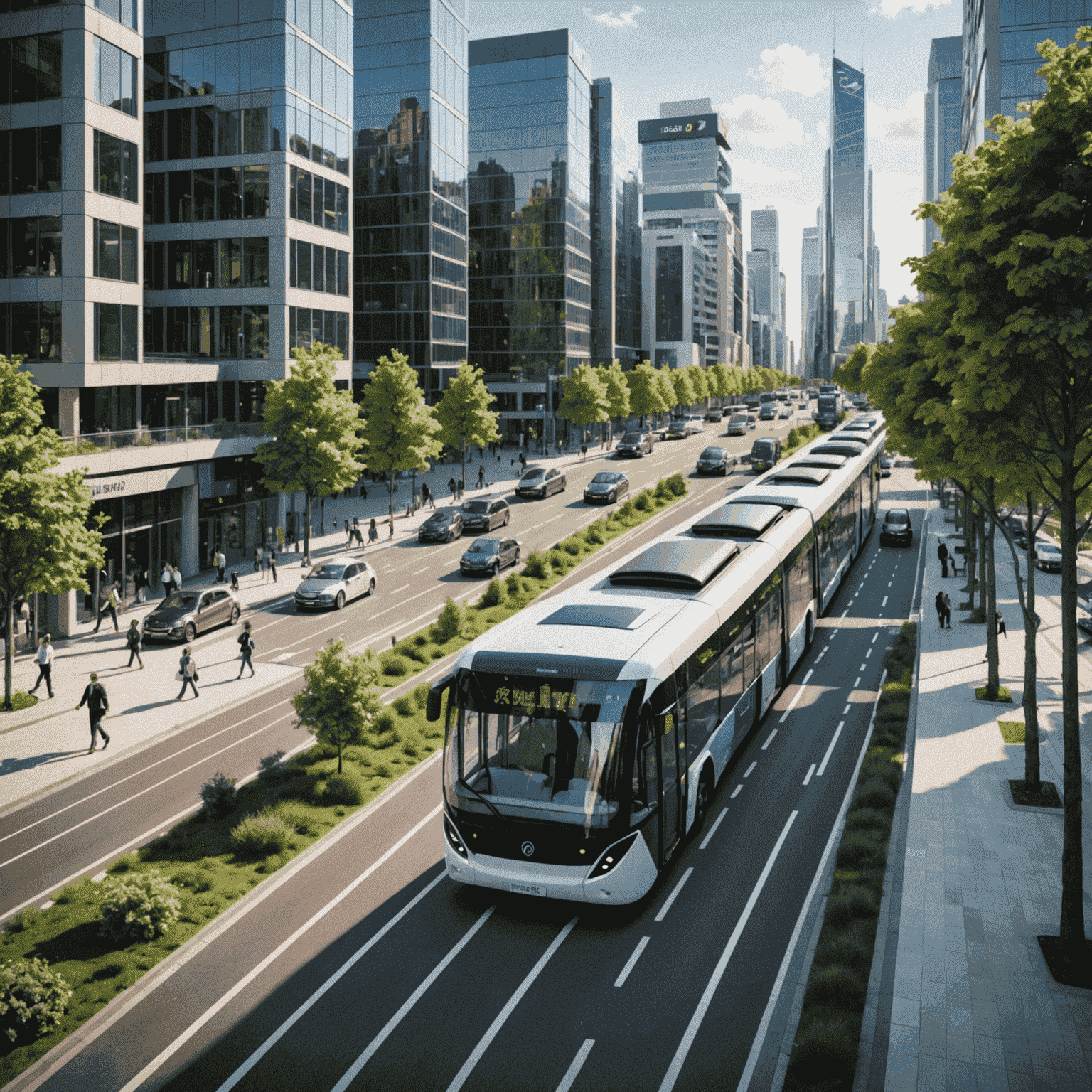 A futuristic cityscape with dedicated lanes for autonomous electric buses, surrounded by green spaces and pedestrian-friendly zones, showcasing integrated smart mobility solutions