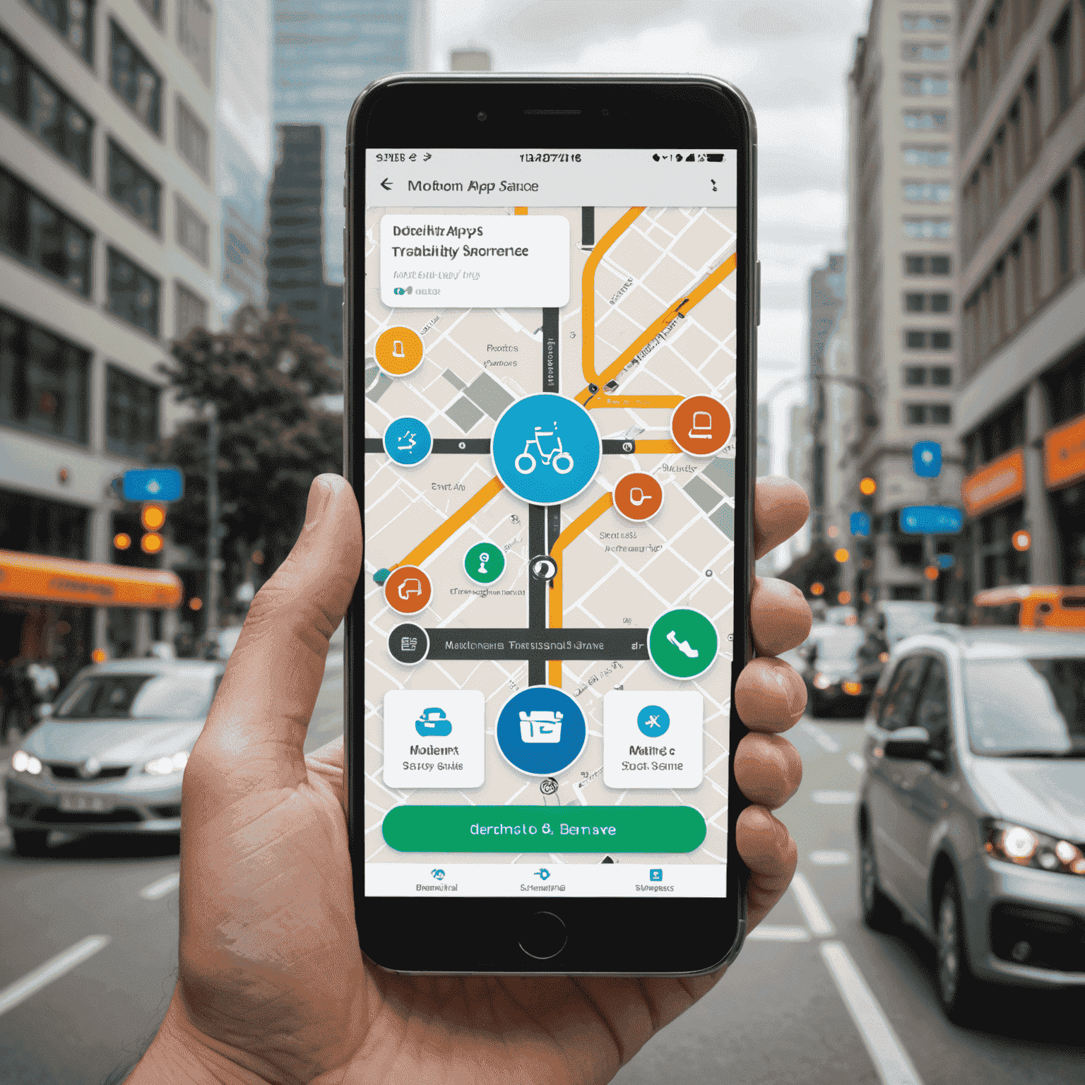 Smartphone displaying a mobility-as-a-service app interface with various transport options and real-time data