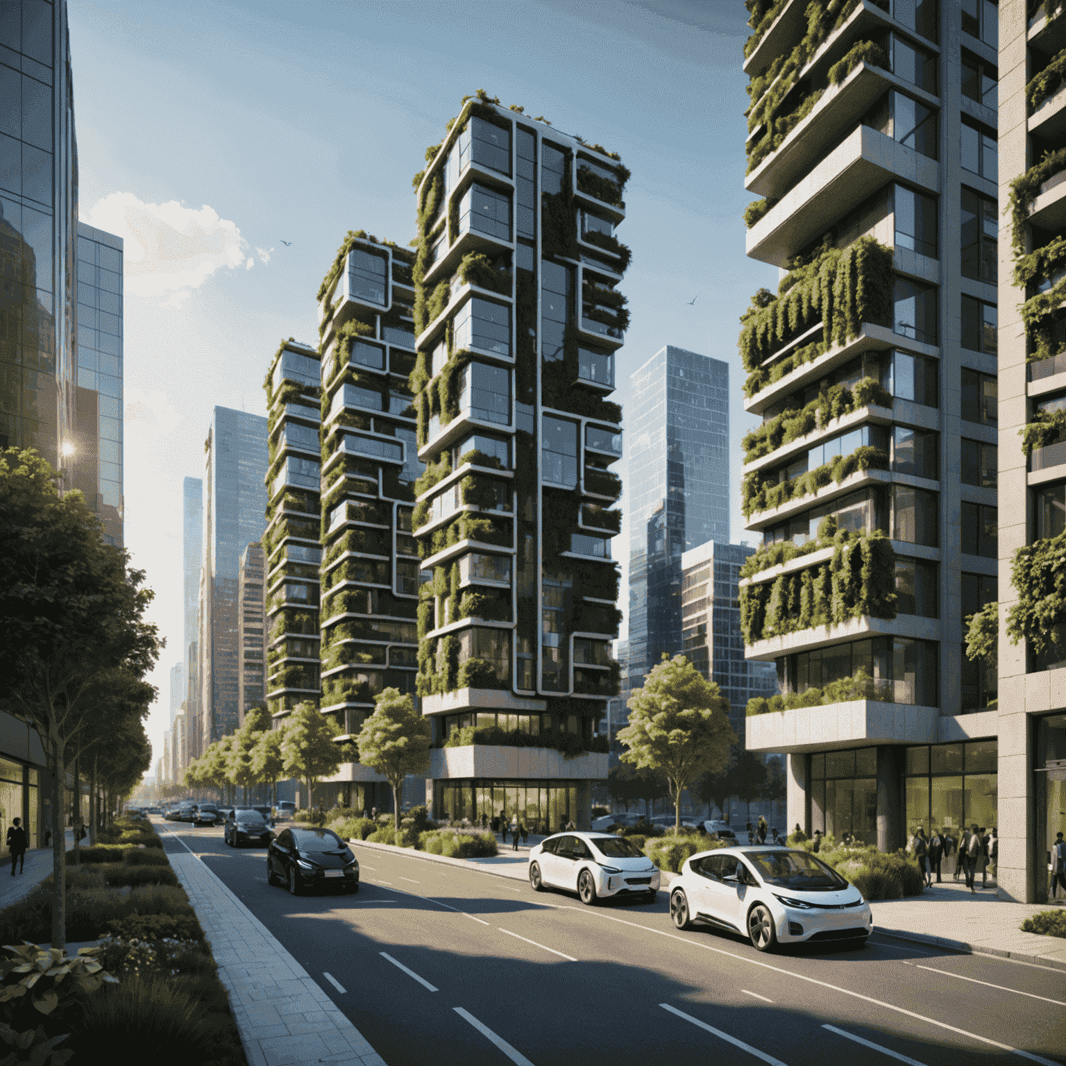 3D render of a futuristic city block showcasing integrated e-mobility solutions, including vertical gardens, solar pavements, and autonomous electric shuttles