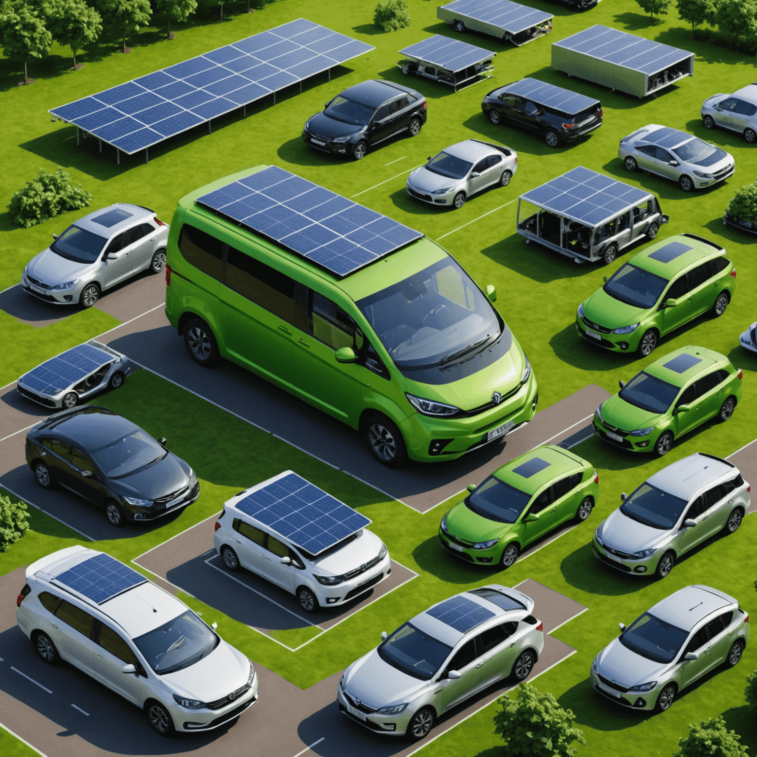 Collage of innovative green technologies including solar panels on vehicles and advanced battery recycling equipment