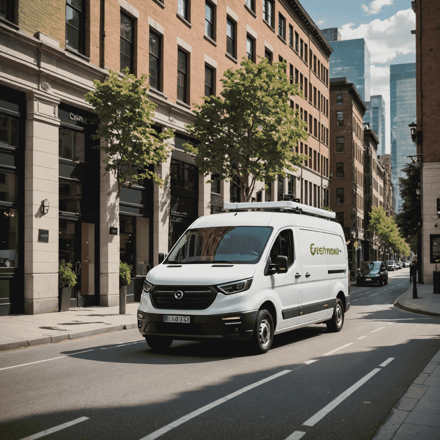 The ElectroVan Pro, an all-electric delivery van in white with green accents, showcasing its spacious cargo area and innovative battery swap mechanism. The van is pictured making a delivery in an eco-friendly business district.