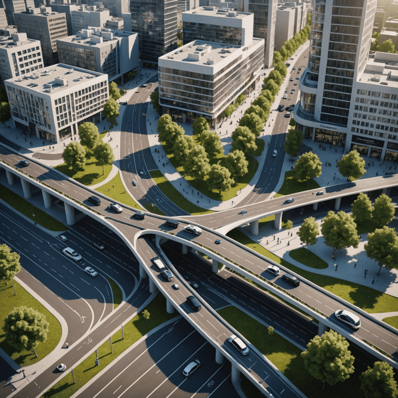 3D model of a modern city with dedicated e-mobility lanes, charging stations, and multimodal transport hubs