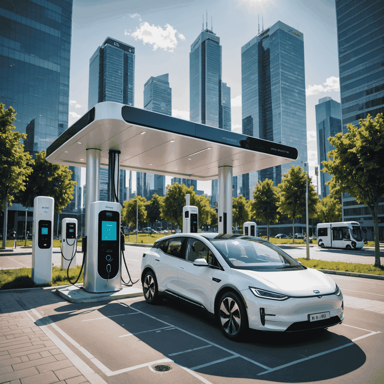 A modern EV charging station with multiple charging points, solar canopy, and digital displays. Electric vehicles of various models are shown charging, with a backdrop of a clean, futuristic cityscape.