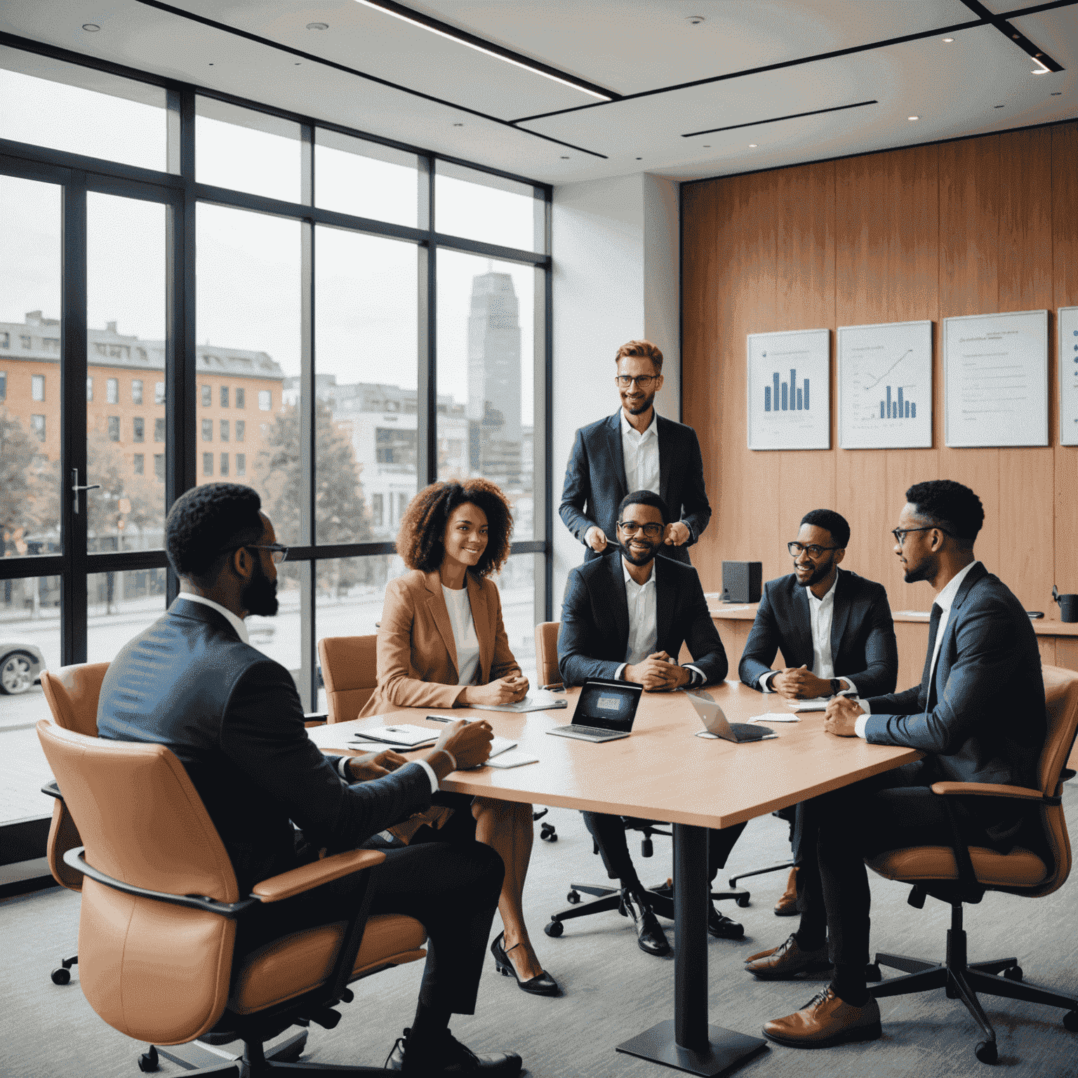 Group of diverse professionals discussing e-mobility policies and incentives in a modern conference room setting