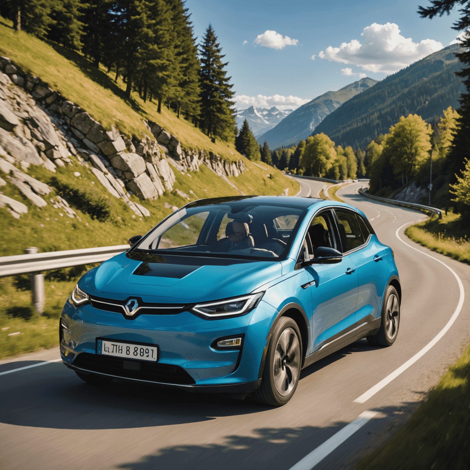 Happy couple test driving an electric car on a scenic road