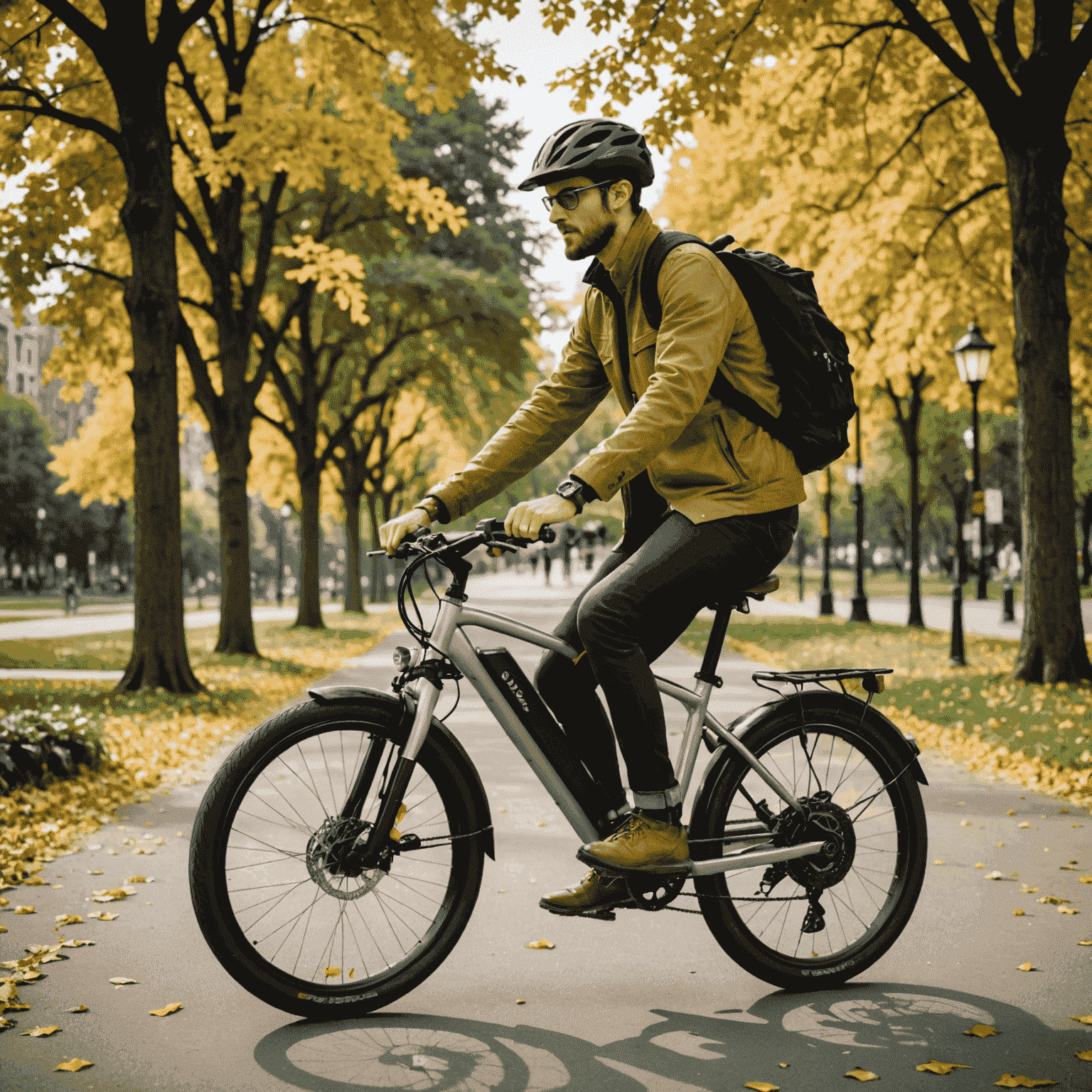 Person test riding an e-bike in an urban park setting